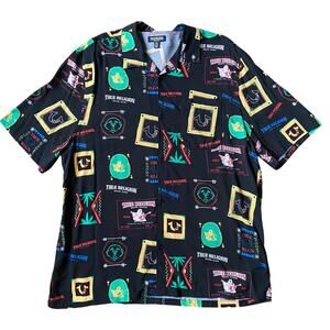 True Religion Resort Print Camp Collar Button Up Shirt Black